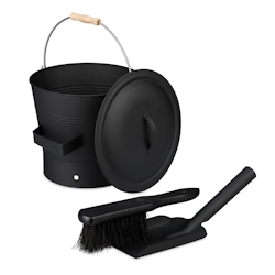 Relaxdays Ascheeimer mit Deckel und Kehrset, 7,5 L, inkl. Aschebesen & Kaminschaufel, Aschebehälter mit Henkel, schwarz Image