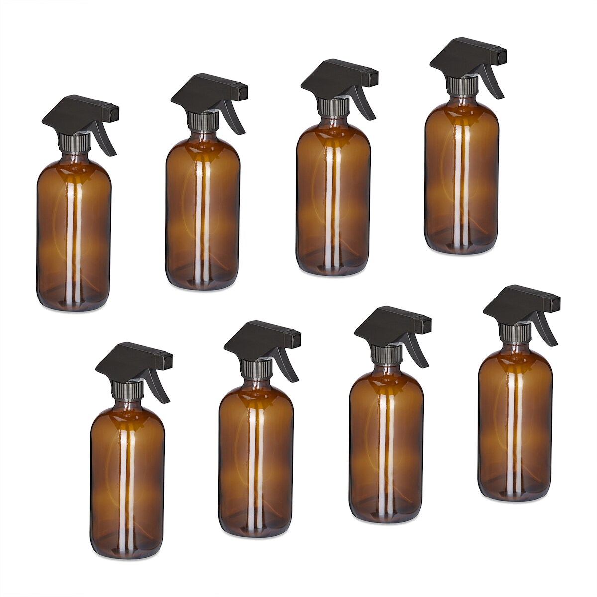 Relaxdays Sprühflasche Glas, 8er Set, 500 ml, Nebel & Strahl, Spritzflasche für Haarpflege, Reinigung & Pflanzen, braun Image