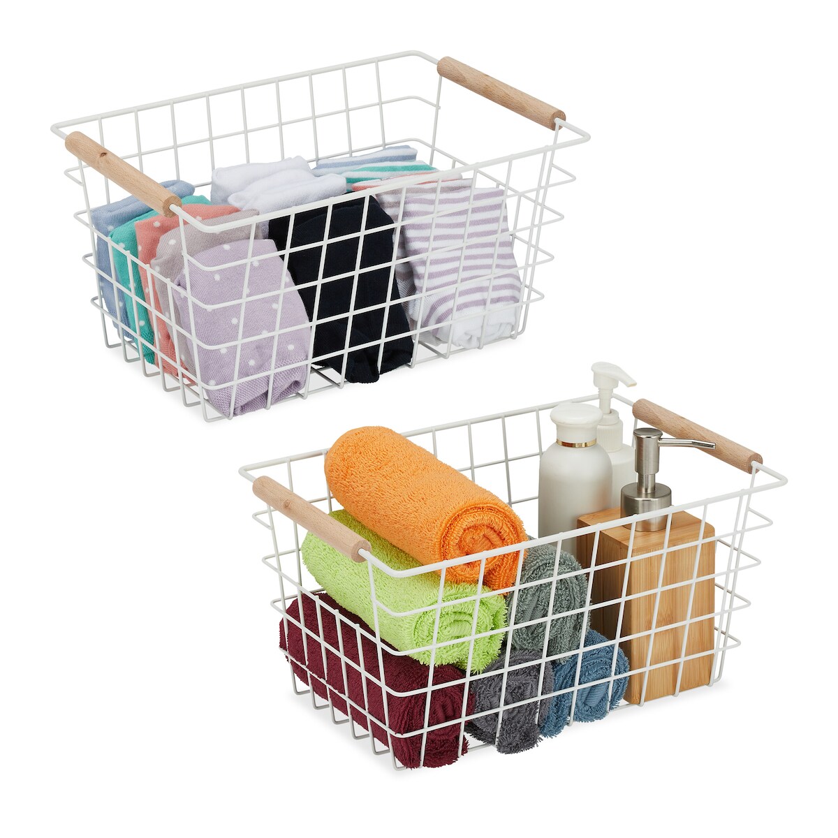 Relaxdays Drahtkorb, 2er Set, Metall, Holzgriffe, HxBxT: 16 x 31 x 21 cm, eckiger Aufbewahrungskorb, Bad & Küche, weiß Image