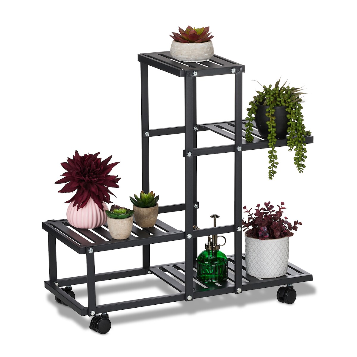 Relaxdays Blumenständer mit Rollen, HxBxT: 60,5 x 61,5 x 26 cm, Metall, 4 Ablagen, Pflanzenständer für innen, schwarz Image