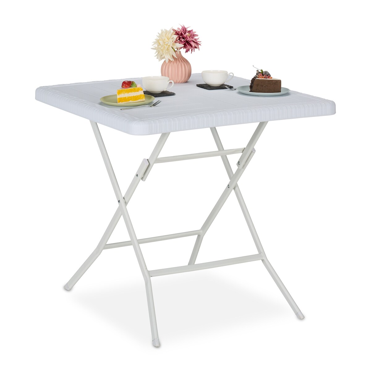 Relaxdays Gartentisch Holz-Optik, quadratisch, HBT: 74x78x78 cm, Balkontisch, Kunststoff, Metall, Outdoortisch, weiß Image