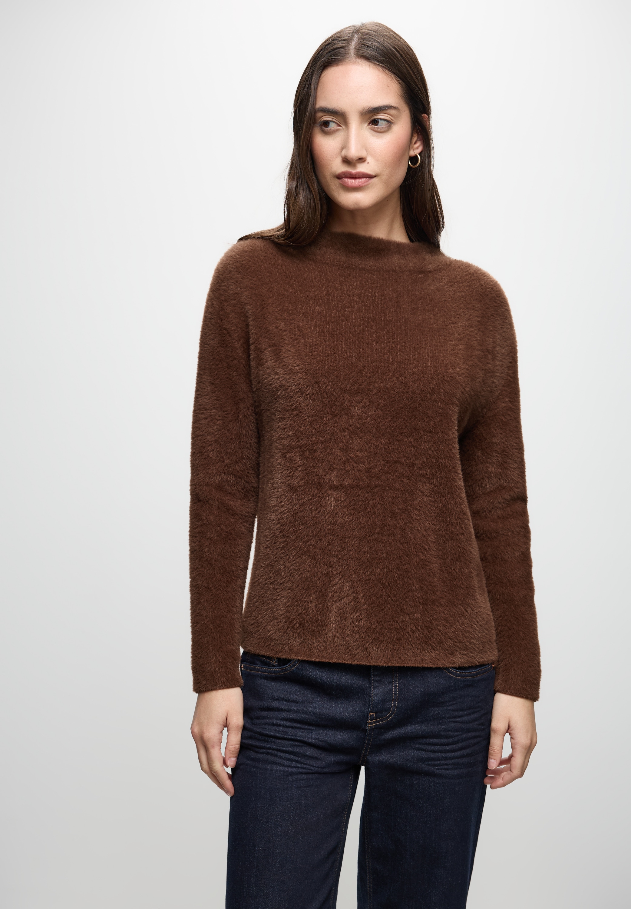 Strickpullover STREET ONE, Damen, Gr. 46, hazelnut braun, Stoff, 78% Polyamid, 12% Polyacryl, 10% Baumwolle, unifarben, normal normal, U-Boot-Ausschnitt, abgesteppt, Pullover Strickpullover, Grobstrick