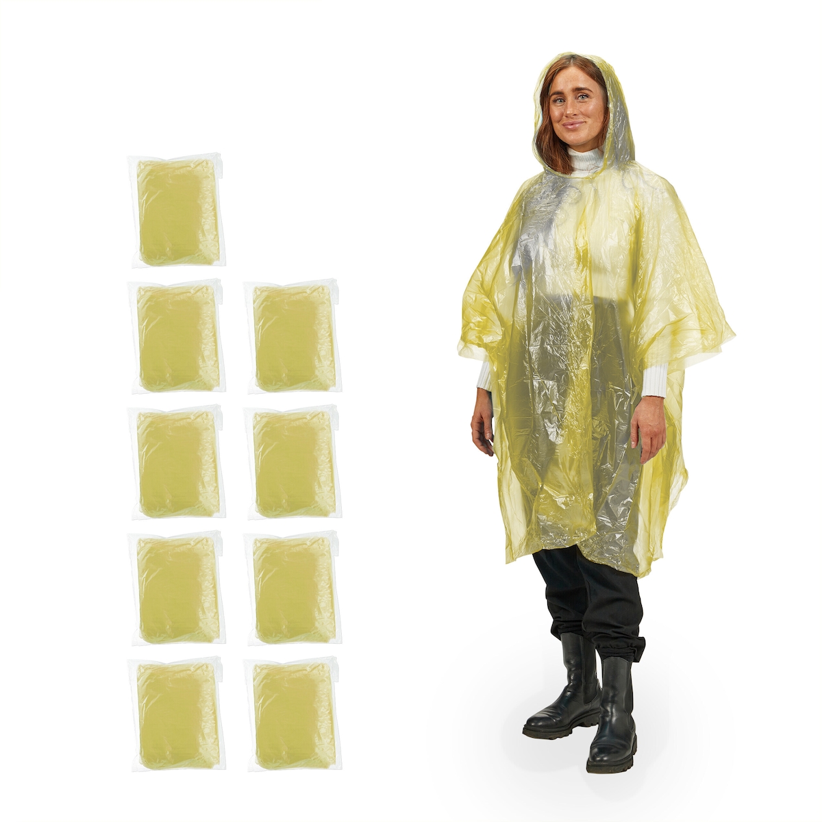 Relaxdays Regenponcho Einweg, 10er Set, Einmal Regencape mit Kapuze, für Erwachsene, Notfallponcho Damen & Herren, gelb Image