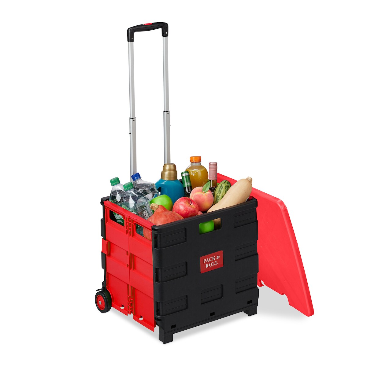 Relaxdays Einkaufstrolley, Klapptrolley mit Rollen & Deckel, Teleskopgriff, bis 35 kg, faltbarer Trolley, rot/schwarz Image