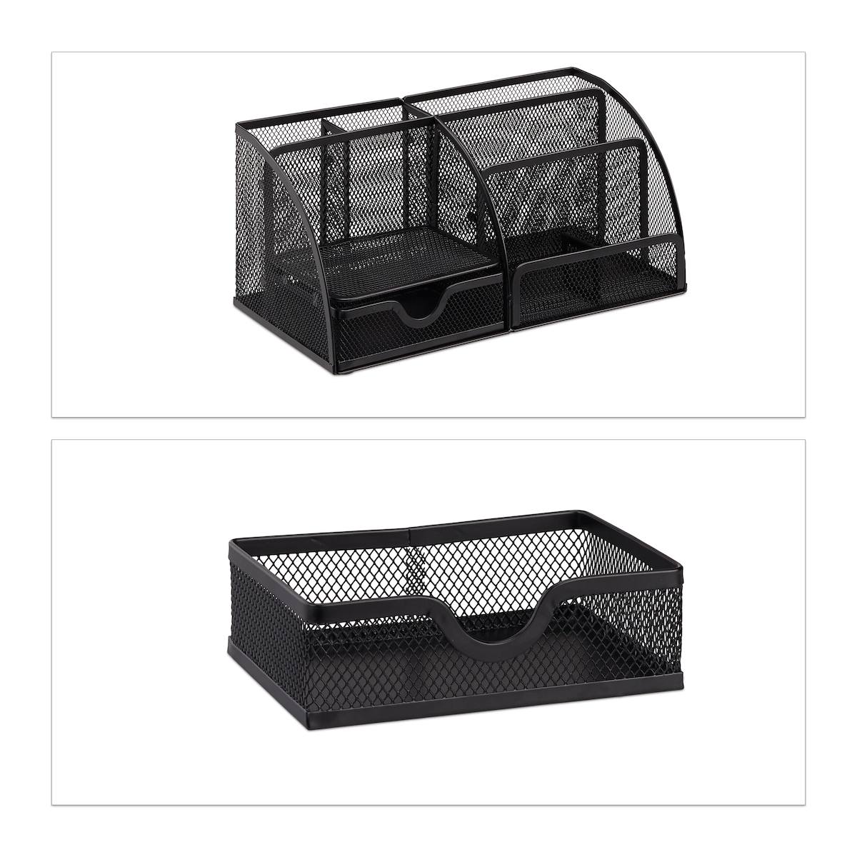 Relaxdays Schreibtischorganizer 6 Ablagen, kompakter Büroorganizer Metall, Schublade, Zettehalter, Stifteköcher, schwarz Image