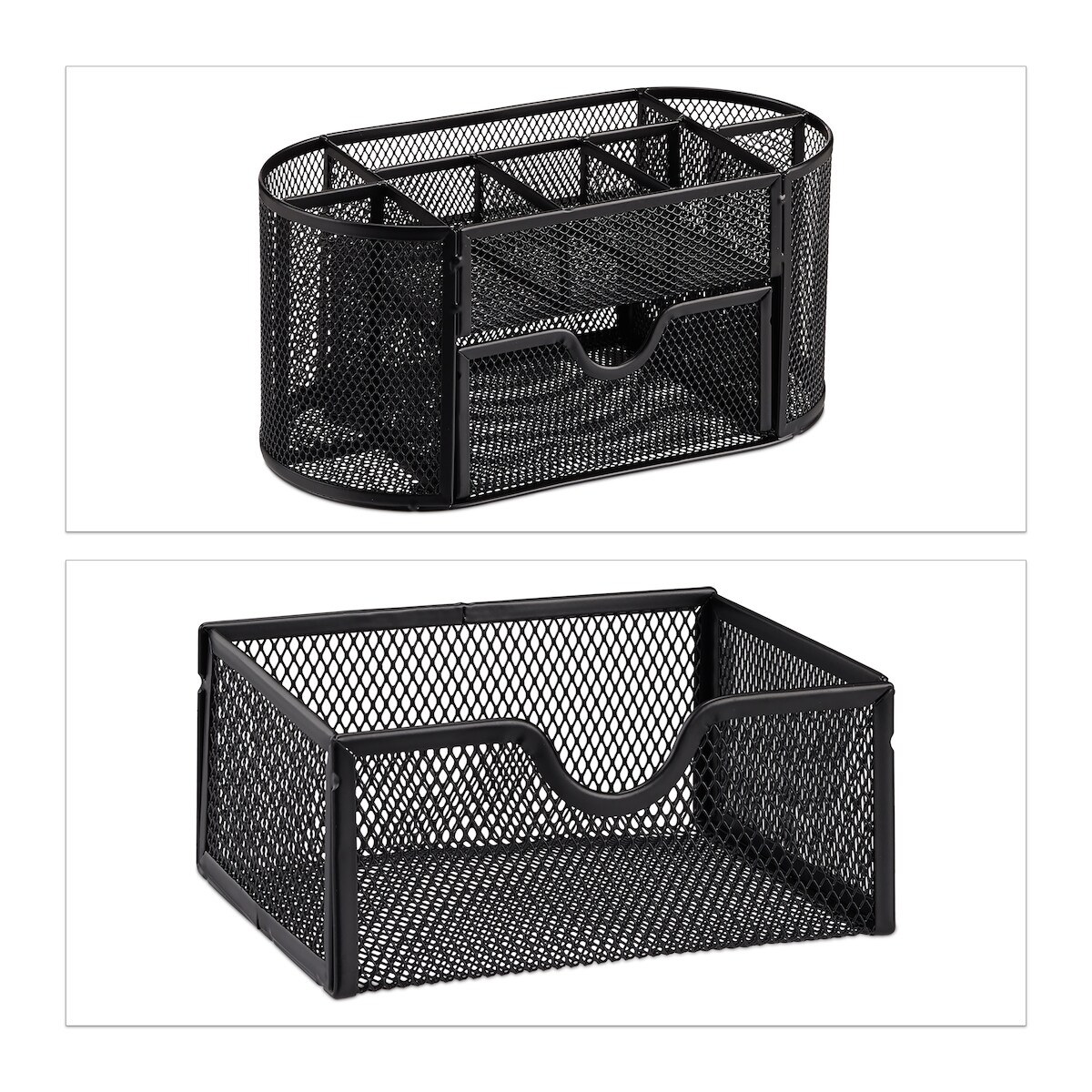 Relaxdays Schreibtischorganizer, Büroablage mit Stiftehaltern & Schublade, Metall Mesh, HBT: 10,5 x 22 x 11 cm, schwarz Image