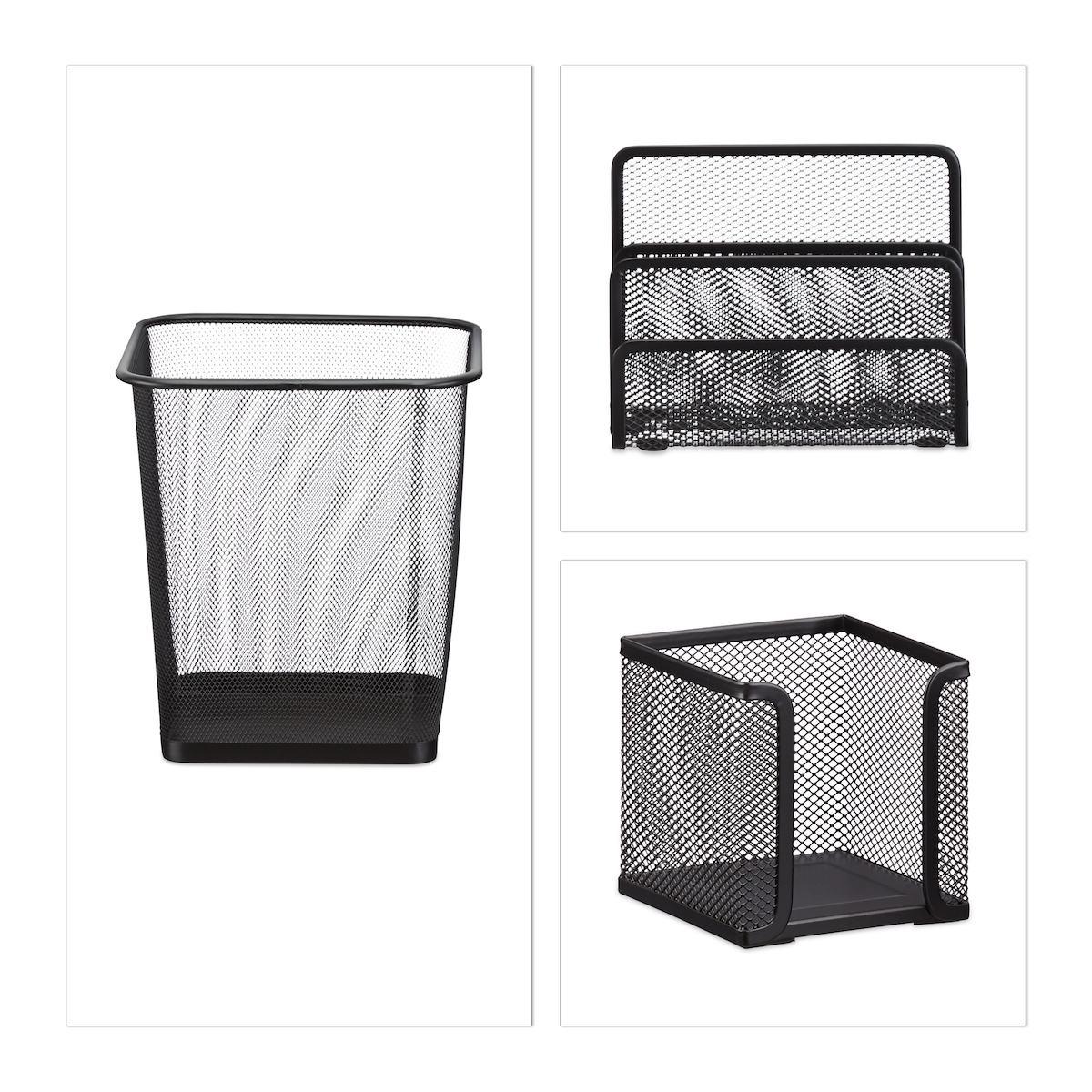 Relaxdays Schreibtisch Organizer 6er Set, Ablage Visitenkarten, Zettelbox, Briefablage, Stifteköcher, Mülleimer, schwarz Image
