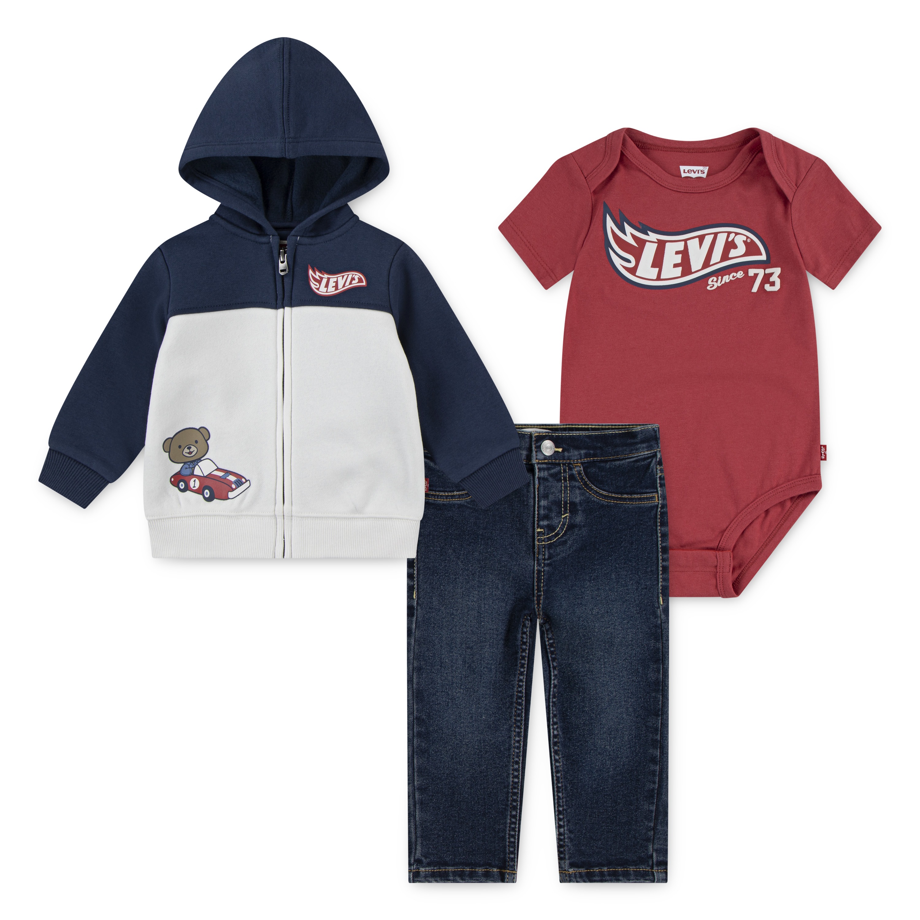Shirt, Hose & Jäckchen LEVI'S KIDS "Bestehend aus Body, Jeans und Kapuzen-Sweatjacke", Baby, Gr. 18M (86), big dipper, Jersey, Obermaterial: 60% Baumwolle, 40% Polyester, bedruckt, Casual, KOB Set-Artikel Image
