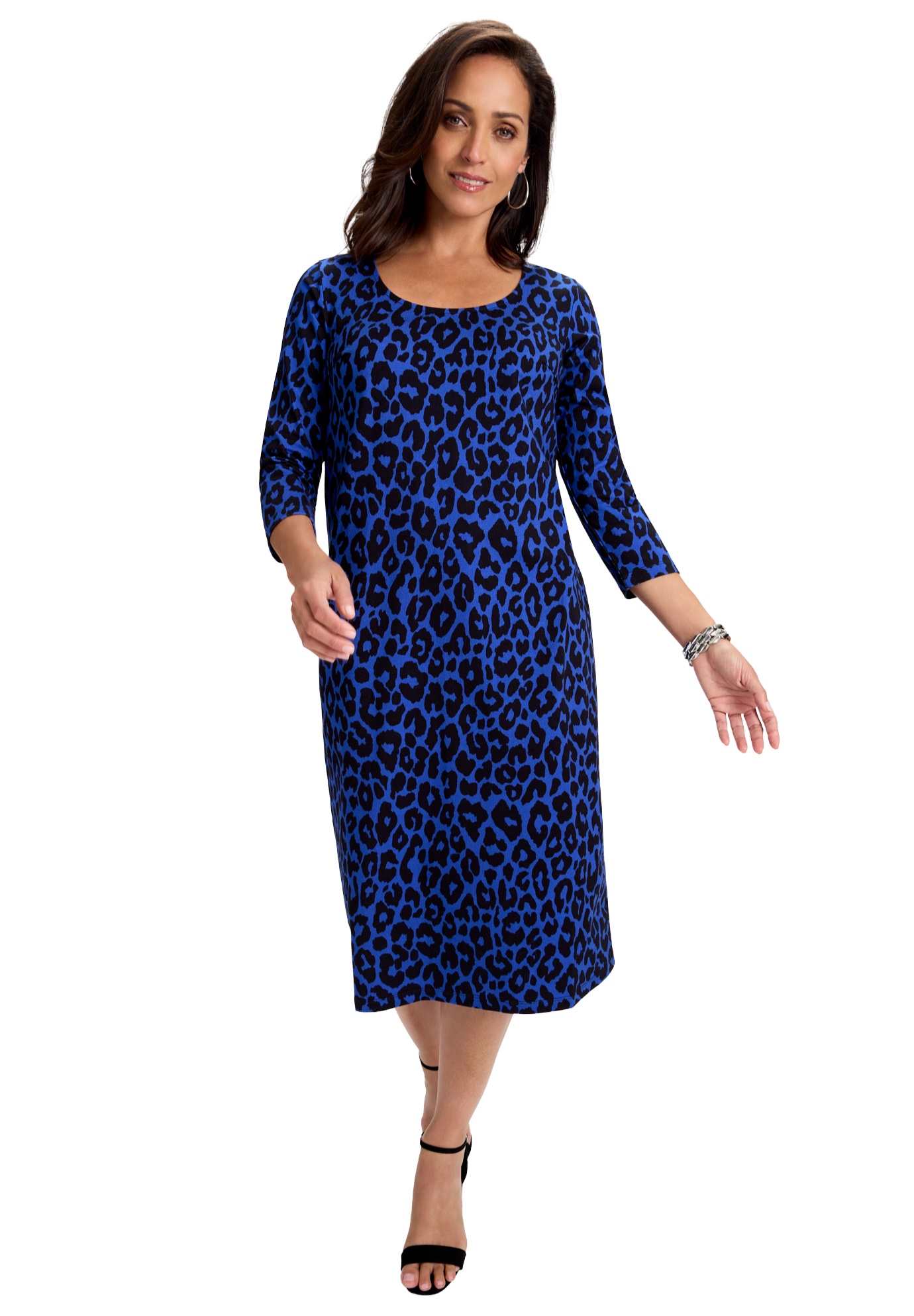 Plus Size Women's Stretch Cotton T-Shirt Dress by Jessica London in Dark Sapphire Classic Cheetah (Size 12 W) Stretch Jersey 3/4 Sleeves