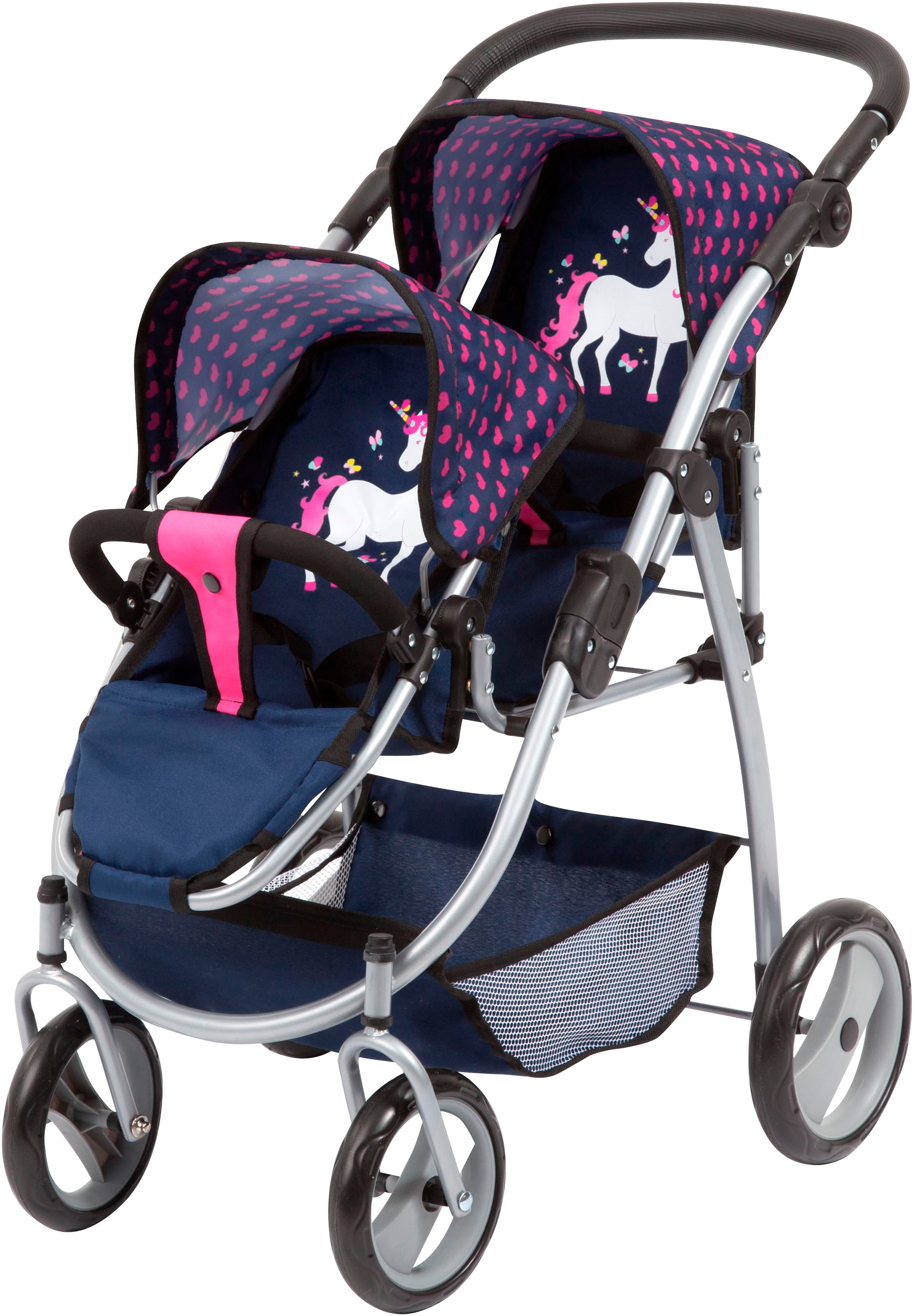 Zwillingspuppenwagen BAYER "mit Sonnendach", einhorn blau, pink, Puppenwagen, KinderB:46cm H:73cm T:63cm, Kunststoff, Metall, Polyester, B:46cm H:73cm T:63cm