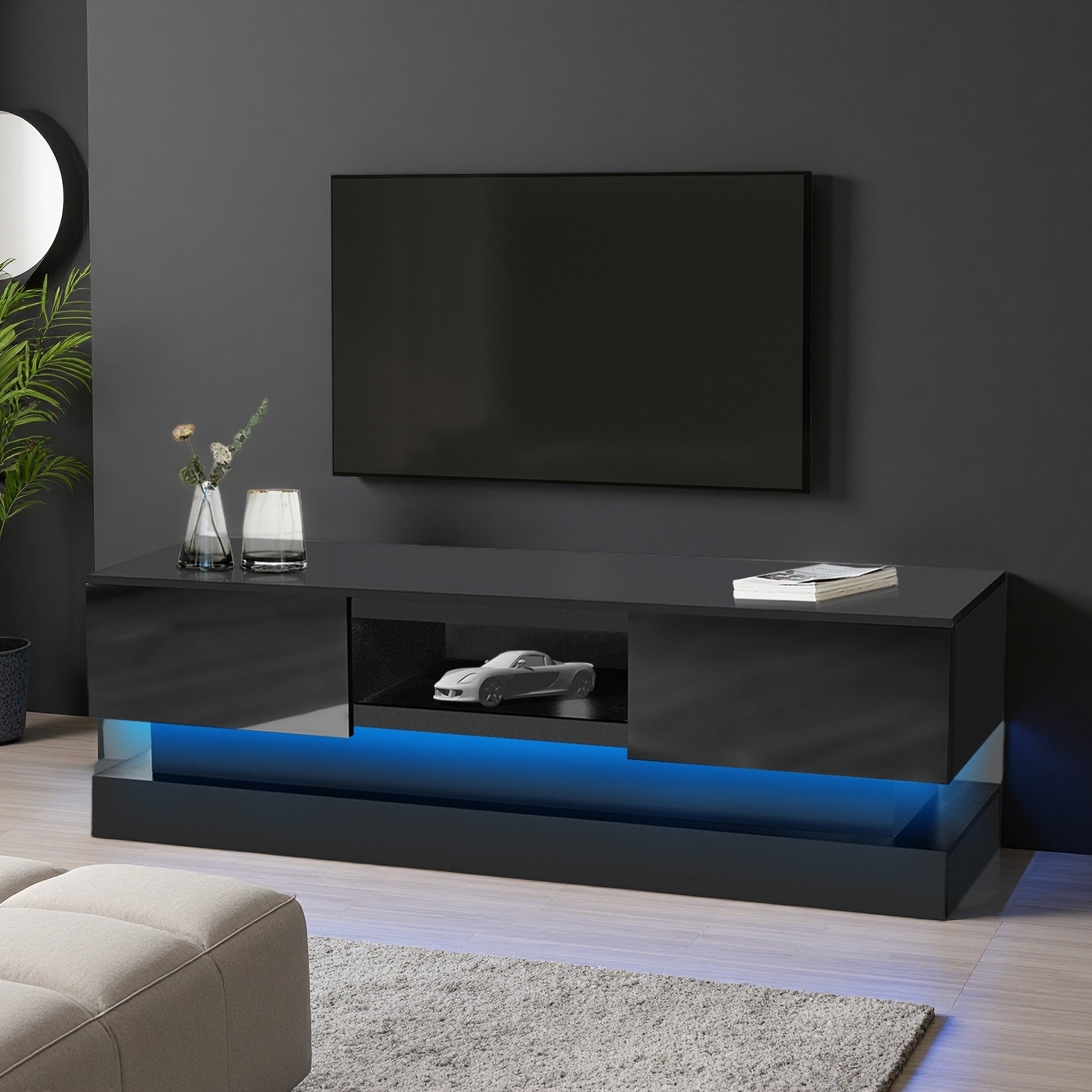 Modern TV Stand with LED Lights, High Gloss Entertainment Center with Storage Drawers for TVs up to 65 Inch