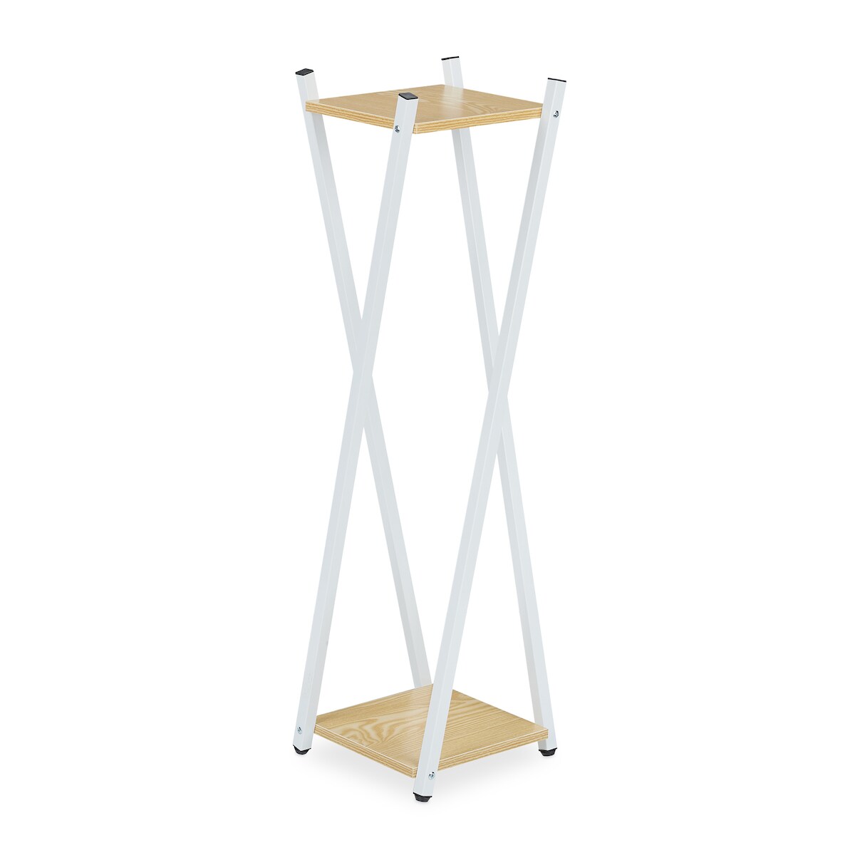 Relaxdays Blumenständer, 2 Etagen in Holzoptik, Metall, MDF, moderner Blumenhocker, HBT: 99 x 29 x 29 cm, weiß/hellbraun Image