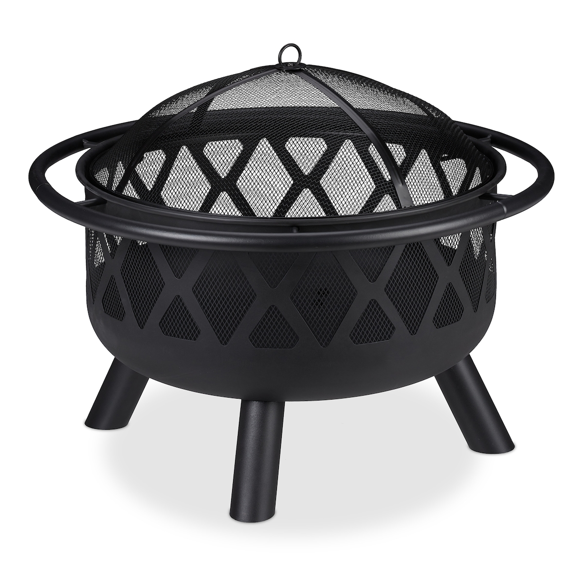 Relaxdays Feuerschale mit Funkenschutz, Garten & Terrasse, mit Schürhaken, Outdoor Feuerstelle, Stahl, Ø 75 cm, schwarz Image