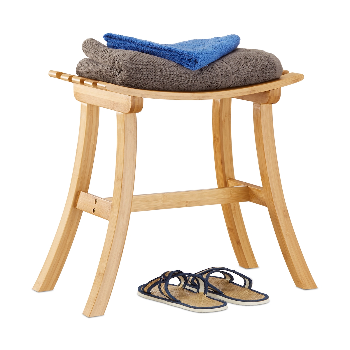 Relaxdays Hocker aus Bambus, elegant geschwungener Sitzhocker f. Garderobe, Holzhocker HxBxT: 48 x 56 x 28,5 cm, natur Image