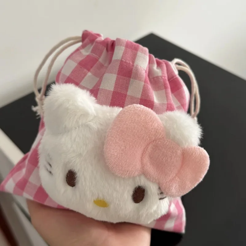 Sanrio Hello Kitty Kordelzug Bundle Tasche Kosmetiktaschen Cartoon süße Kitty Katze rosa Gitter Geldbörse Handytasche Aufbewahrungstaschen