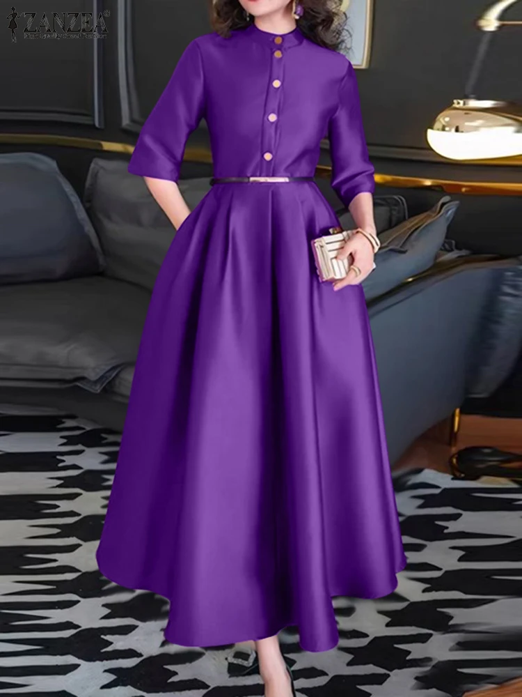 ZANZEA Elegante Frauen Party Maxi Kleider 2025, Herbst Mode Stehen Kragen 3/4 Hülse Halb-Taste Ausgestattet Taille A-linie Roben femme