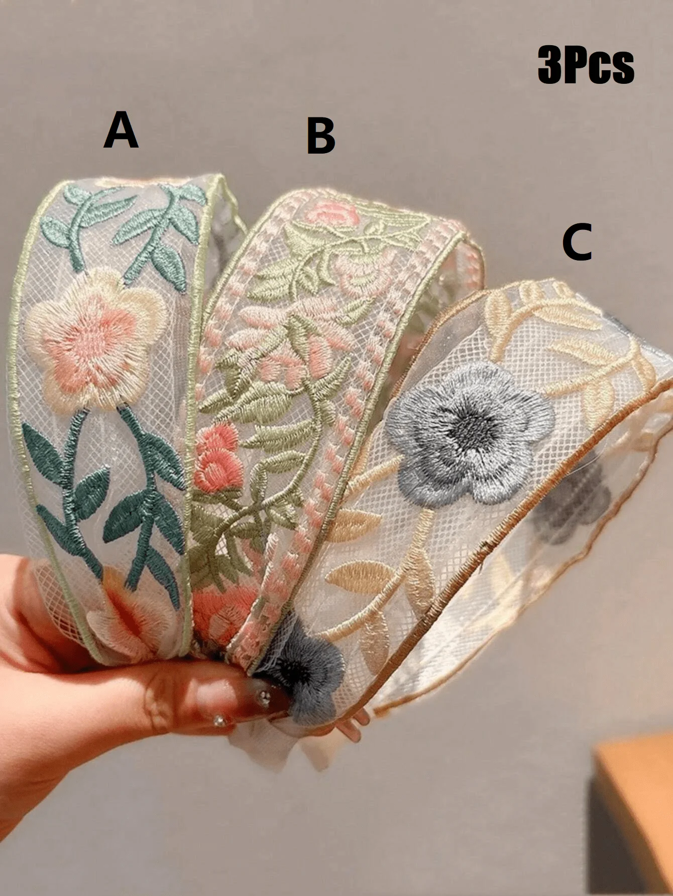 1/3 Stück elegantes Chiffon-Stickerei-Blumen-Haarband – süßes Blumen-Stirnband, Turban-Reifen für Damen, modische Haar-Accessoires Image