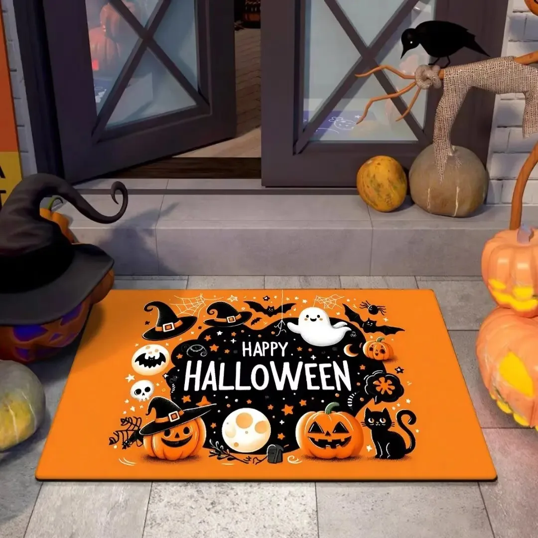 Fußmatte mit Halloween-Motiv und Kürbis-Geister-Katzenmustern, festlicher Teppichschutz für die Inneneinrichtung für Haustür und Party