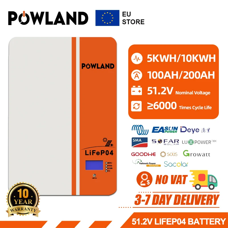 POWLAND 48V 100AH 200Ah Powerwall LiFePO4-Akku > 6000 Zyklen 51,2V 5KWH/10KWH mit CAN RS485 16S BMS für Solar-EU-Lager, keine Steuer Image