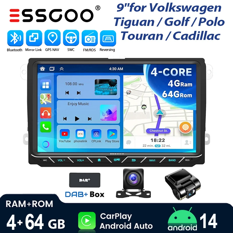 Android 14 Autoradio 9" Bluetooth 4+64 GB für VW Tiguan Caddy EOS Jetta T5 Golf 5 6 Passat B6 B7 Polo 6R Touran Wireless CarPlay Android Auto GPS Navigation RDS WiFi Mirror Link FM Lenkradsteuerung Image