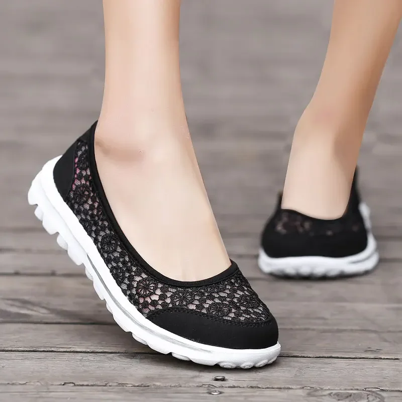 Flache Schuhe Frauen Hohle Spitze Sommer Slip auf Loafers Atmungs Flach Boot Schuhe Damen Casual Mode Schwarz Turnschuhe Wohnungen