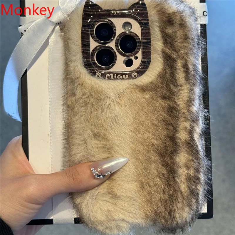 Süße Katze Frettchen flauschige Handyhüllen Schutz für iPhone 17 16 Plus 15 14 13 Pro Max 12 11 schöne flauschige Plüsch Soft Cover Coque Image