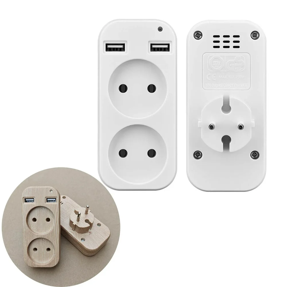 2025 Doppel-AC-Buchse, EU-Stecker, Steckdosenleiste, Adapter, Wand, tragbar, 2 USB-Anschlüsse für Mobiltelefone, 1200 W, 250 V, für Smartphones, Tablets Image