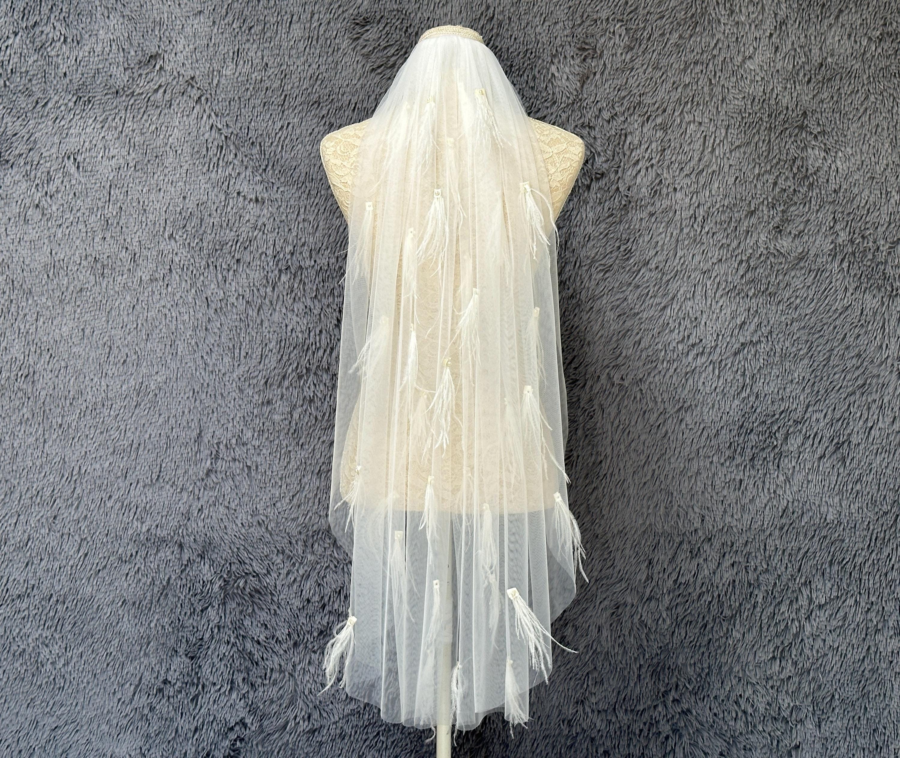 Velo di perle, velo da sposa di piume, velo da sposa elegante, velo da sposa avorio, velo a strato singolo, velo di piume, velo con pettine, velo per