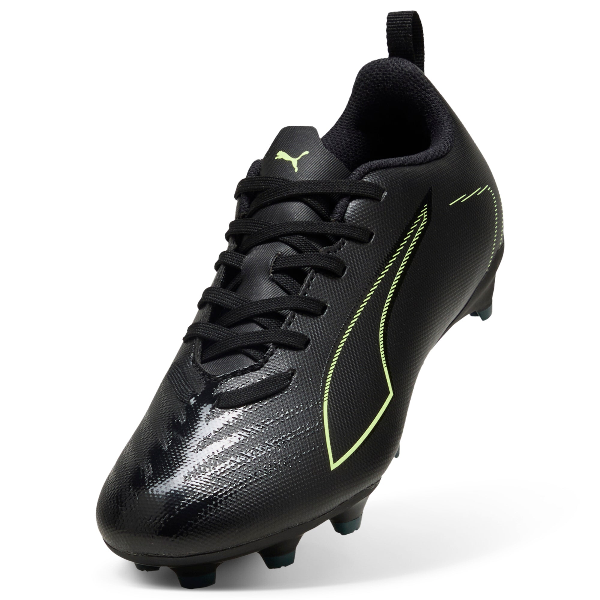 Fußballschuh PUMA "ULTRA 6 PLAY FG/AG JR", Gr. 38, puma schwarz, fizzy light, grün terrain, Synthetik, Sportlich, Schuhe, für Rasenplätze Image