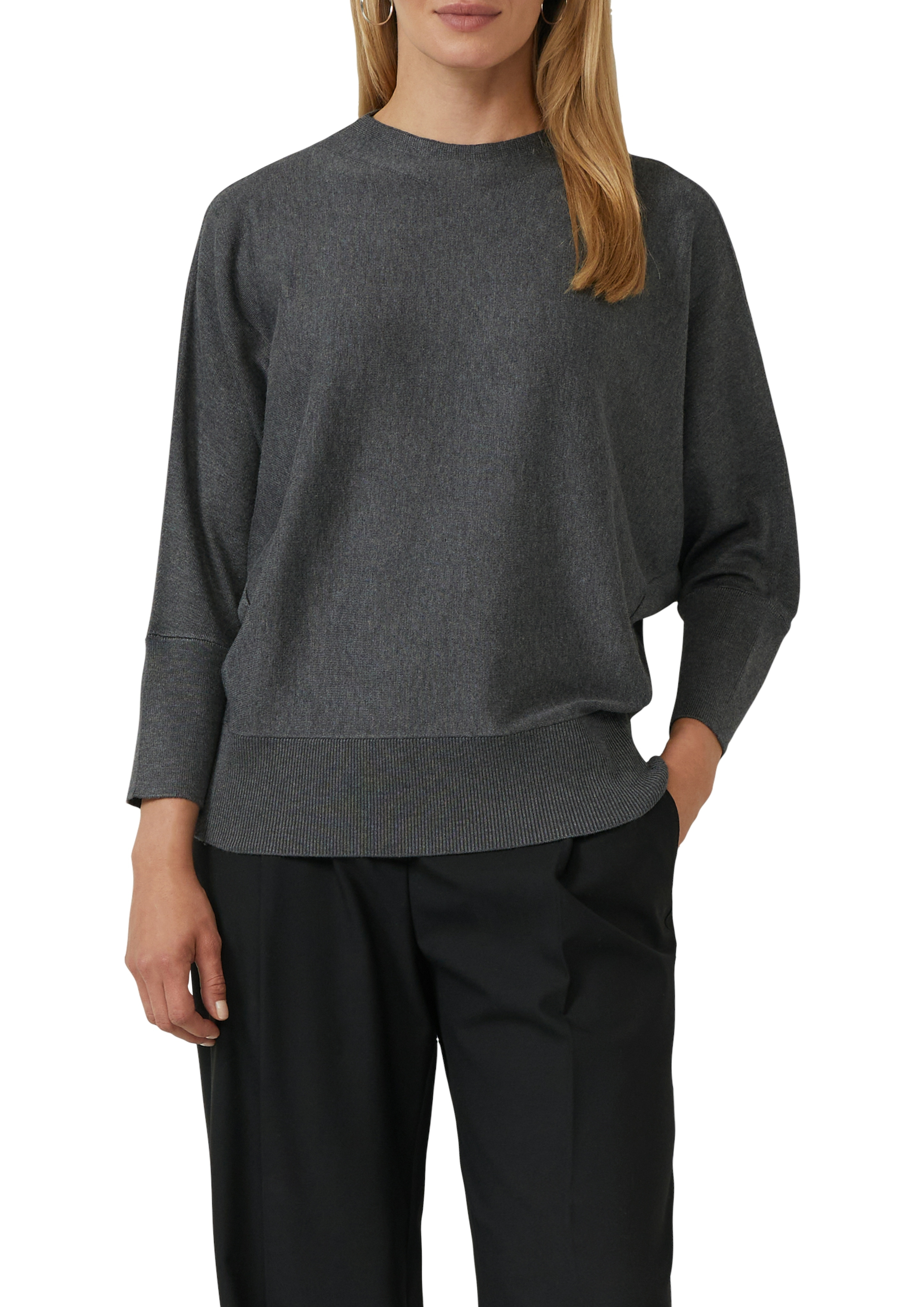 Strickpullover S.OLIVER BLACK LABEL, Damen, Gr. 44, grau (dunkelgrau), Strick, Obermaterial: 71% Viskose, 29% Polyester, unifarben, relaxed fit taillenbedeckt, ohne Ausschnitt, Fledermausärmel Rippbündchen, Pullover Strickpullover, mit Fledermausärmeln