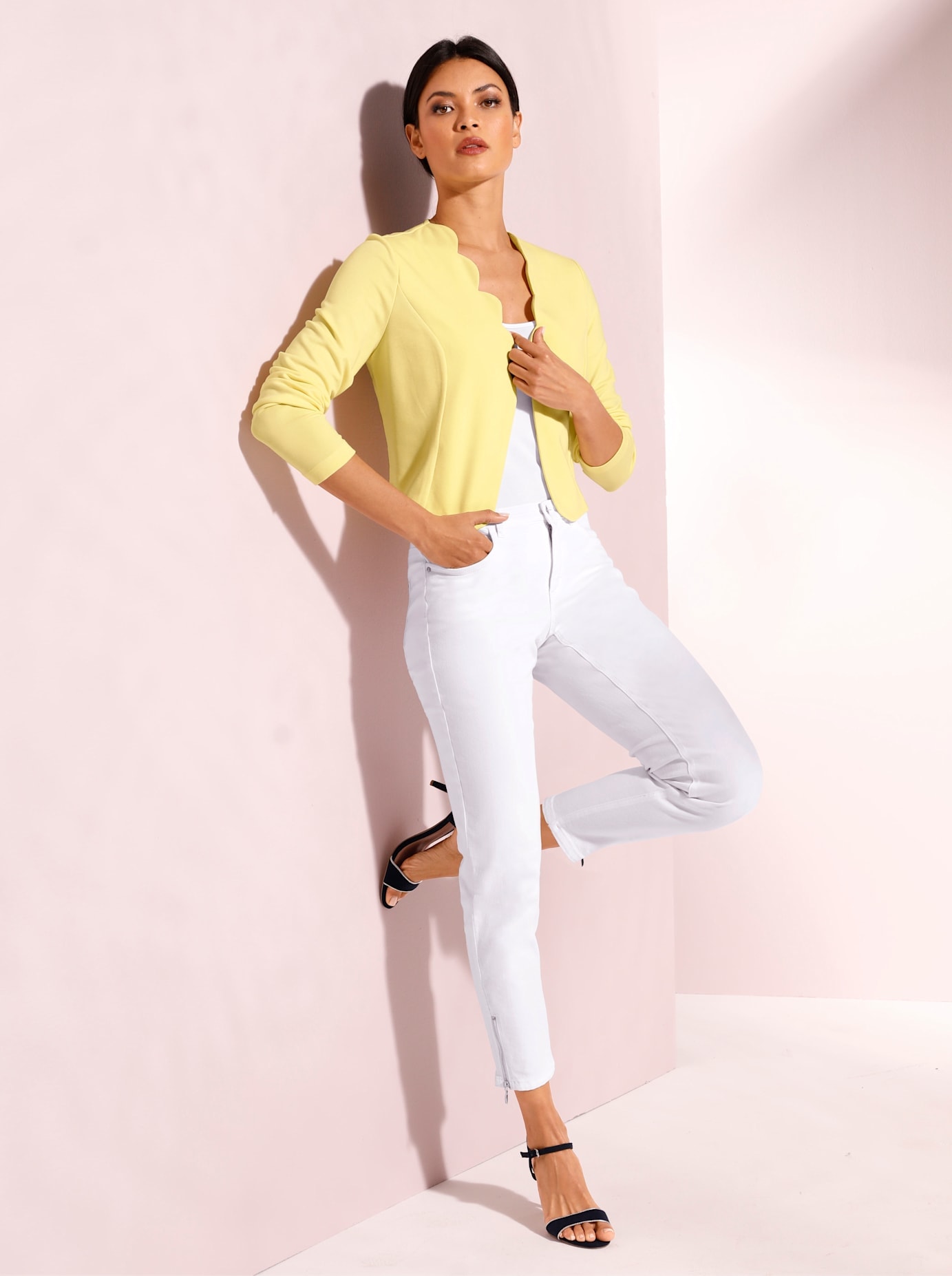Shirtjacke CREATION L PREMIUM "Modal-Shirtjacke", Damen, Gr. 50, gelb (zitrone), 70% Modal, 25% Polyamid, 5% Elasthan, unifarben, V-Ausschnitt, Shirts Image