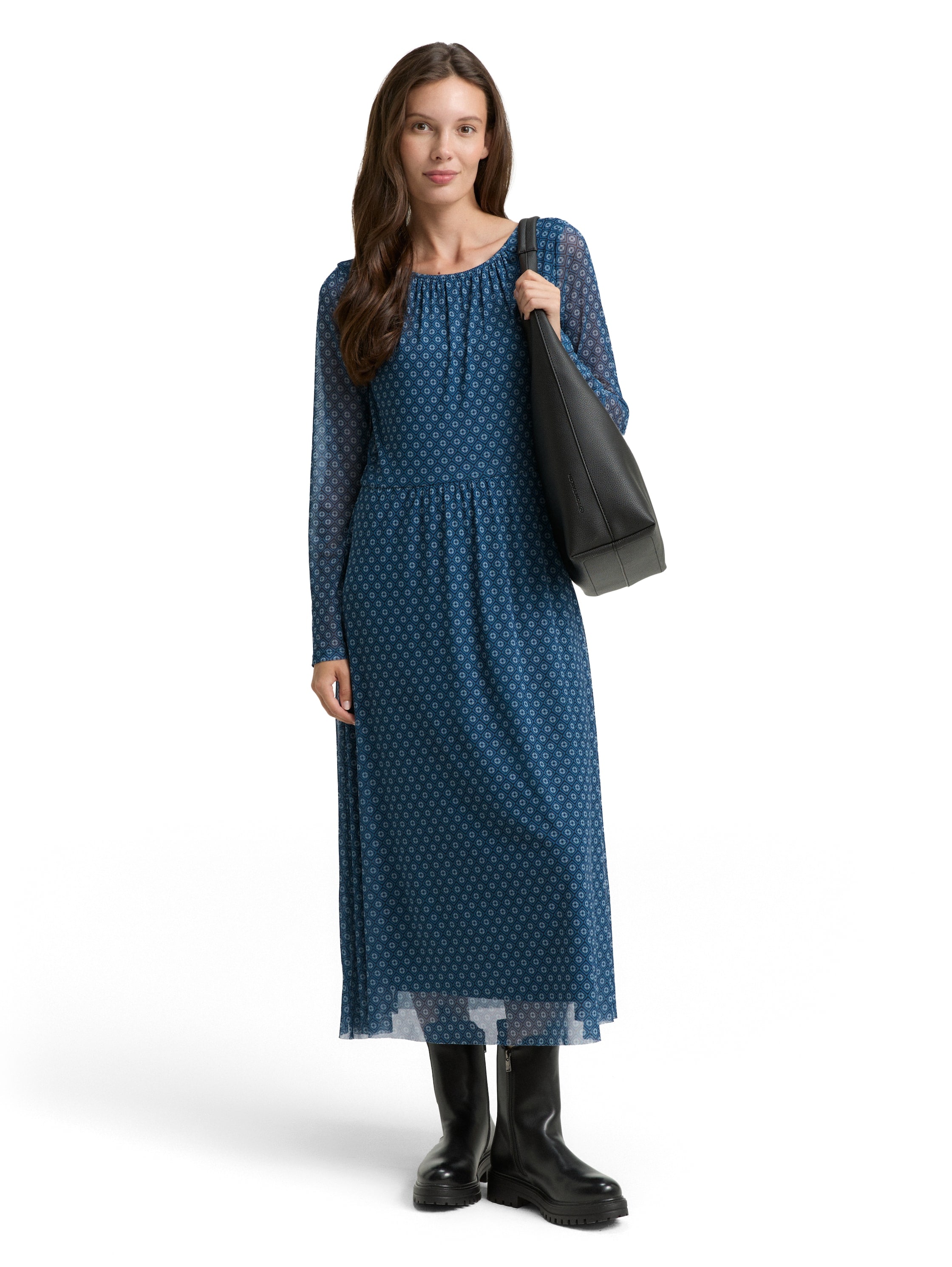 Meshkleid TOM TAILOR, Damen, Gr. 42, N-Gr, teal geometric minimal design, Web, Obermaterial: 90% Polyester, 10% Elasthan. Futter: 100% Polyester, bedruckt, Casual, regular fit wadenlang, Rundhals, gerader Abschluss, Kleider, mit Muster