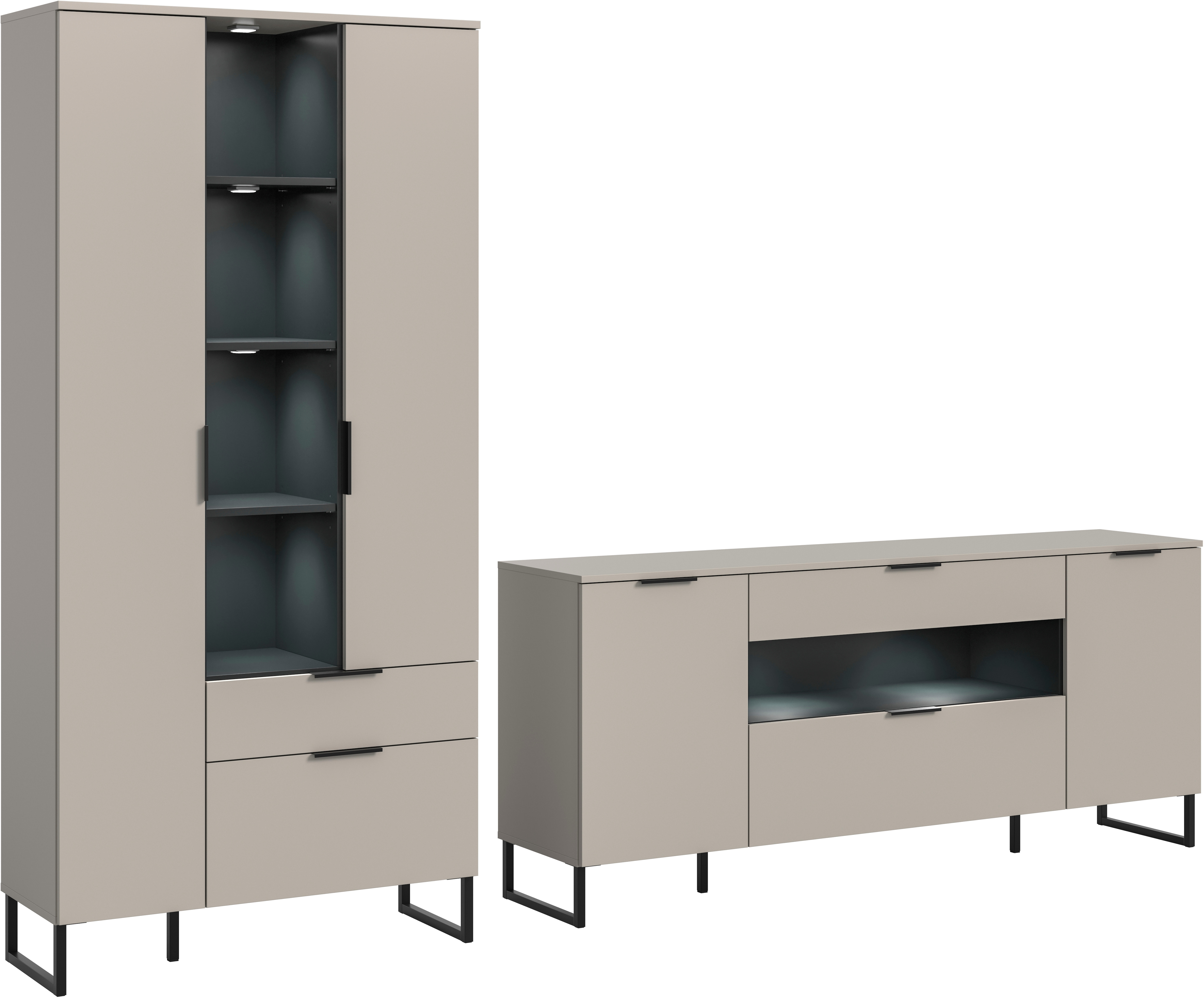 Wohnwand INOSIGN "ADIO, Breite 290 cm, 2-teiliges Set, mit Metall-Kufenfüße", kashmir nb, schwarz, B:290cm H:192cm T:41cm, Spanplatte, Kastenmöbel-Sets, Wohnwand, Sideboard inkl Beleuchtung, Kombination, Anbauwand, Set, Wohnzimmerset