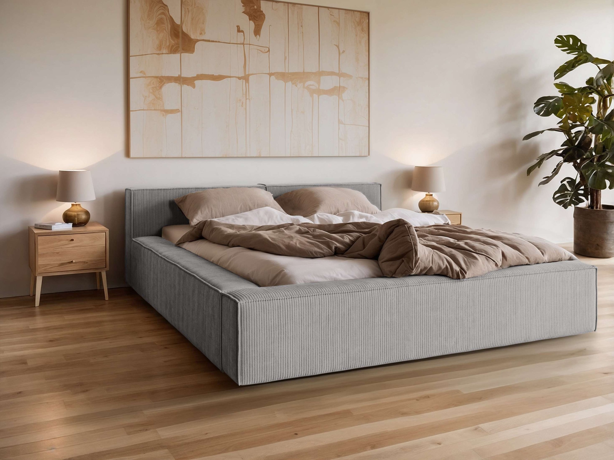 Polsterbett HOME AFFAIRE "LAUREDA Bettgestell mit Lattenrost, in 4 Breiten- 140, 160, 180, 200cm", hellgrau, B:224cm H:74cm L:244cm, 83% Polyester, 17% Nylon, Betten, mit Kopfteil und Bettkasten, ohne Matratze Image