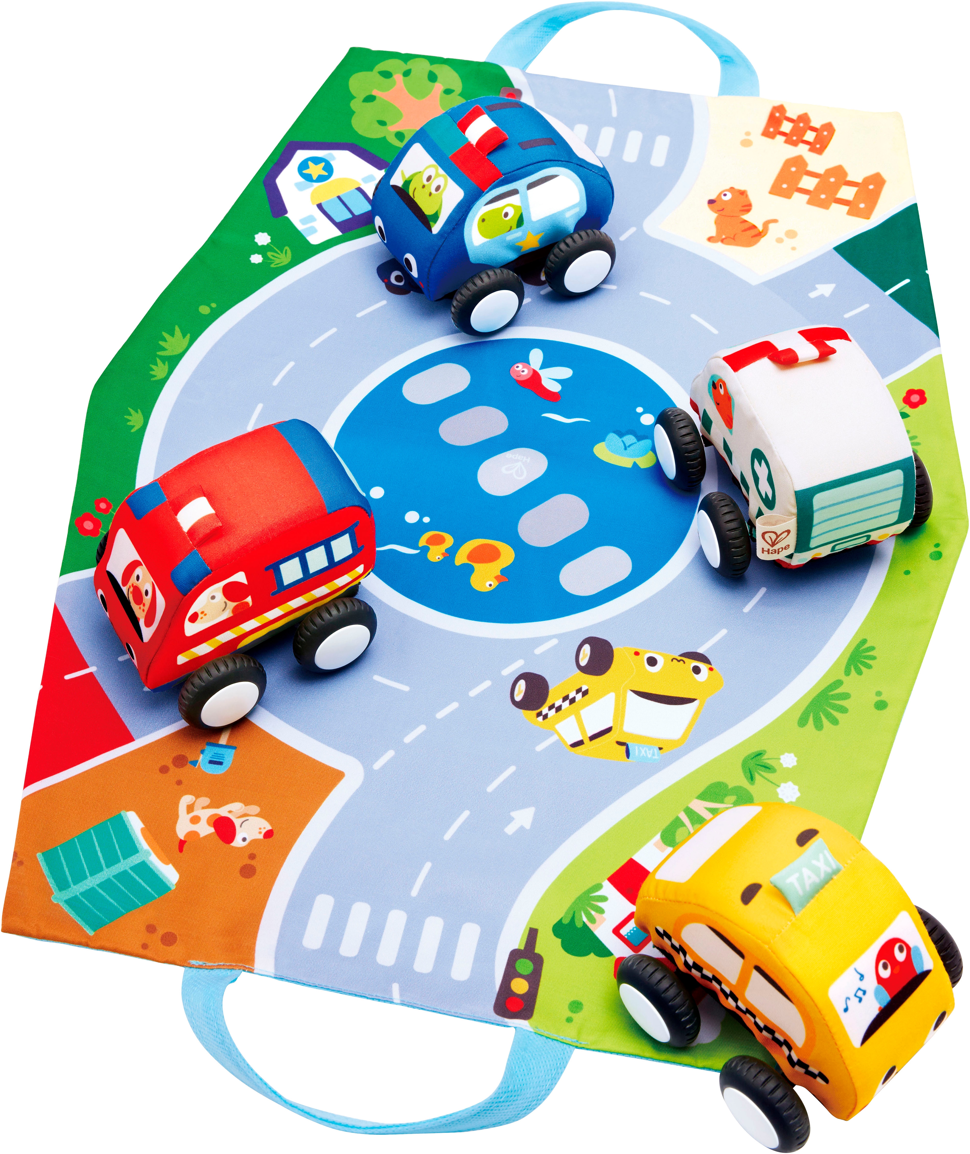Spielzeug-Auto HAPE "Plüschauto-Set mit Rückziehmotor", bunt, Spielzeugfahrzeuge, KinderB:38cm H:25cm T:9,5cm, B:38cm H:25cm T:9,5cm
