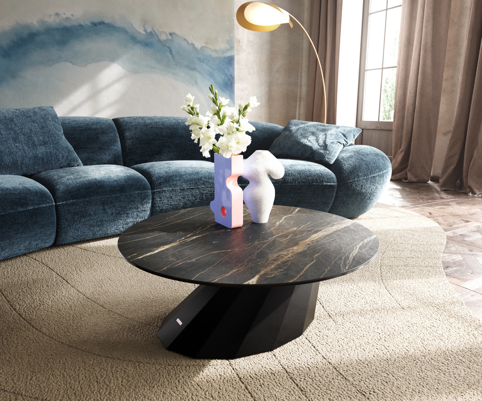 DELIFE Couchtisch Edge Rund 90x90 cm Keramik Laminam® Noir Desir Braun Parabi Metall Schwarz, Couchtische Image