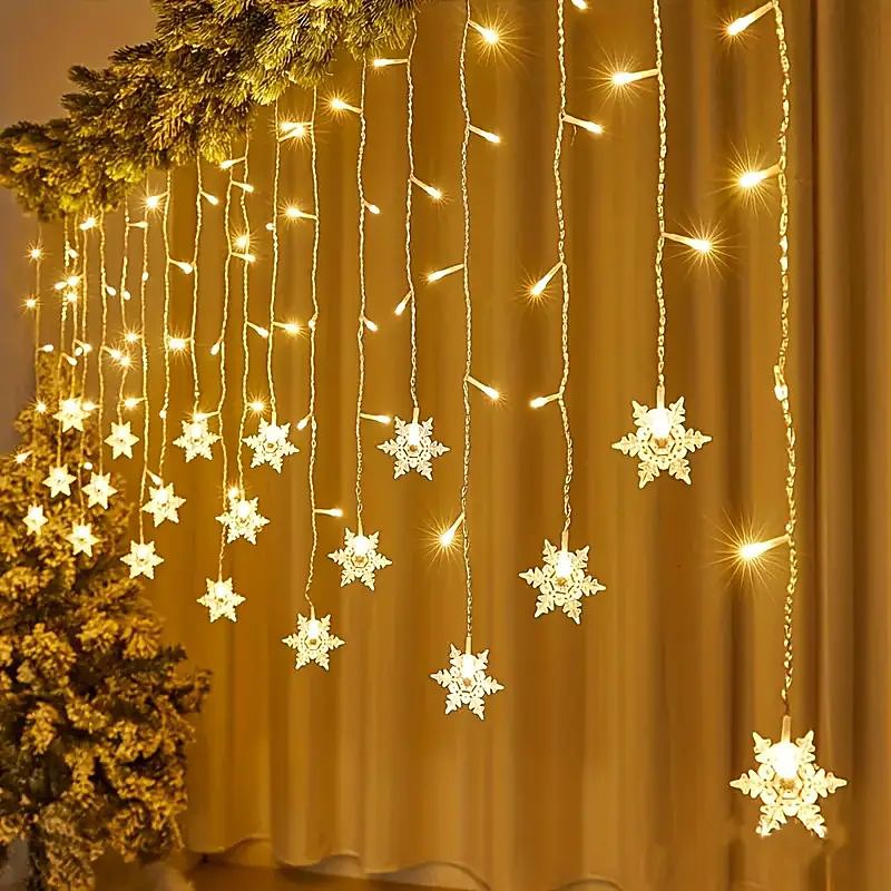 96LED Snowflake Curtain Lights 3.5m 8 Modes Lighting for Thanksgiving New Year Valentine's Day Home Balcony Living Room Garden Porch Atmosphere Decoration