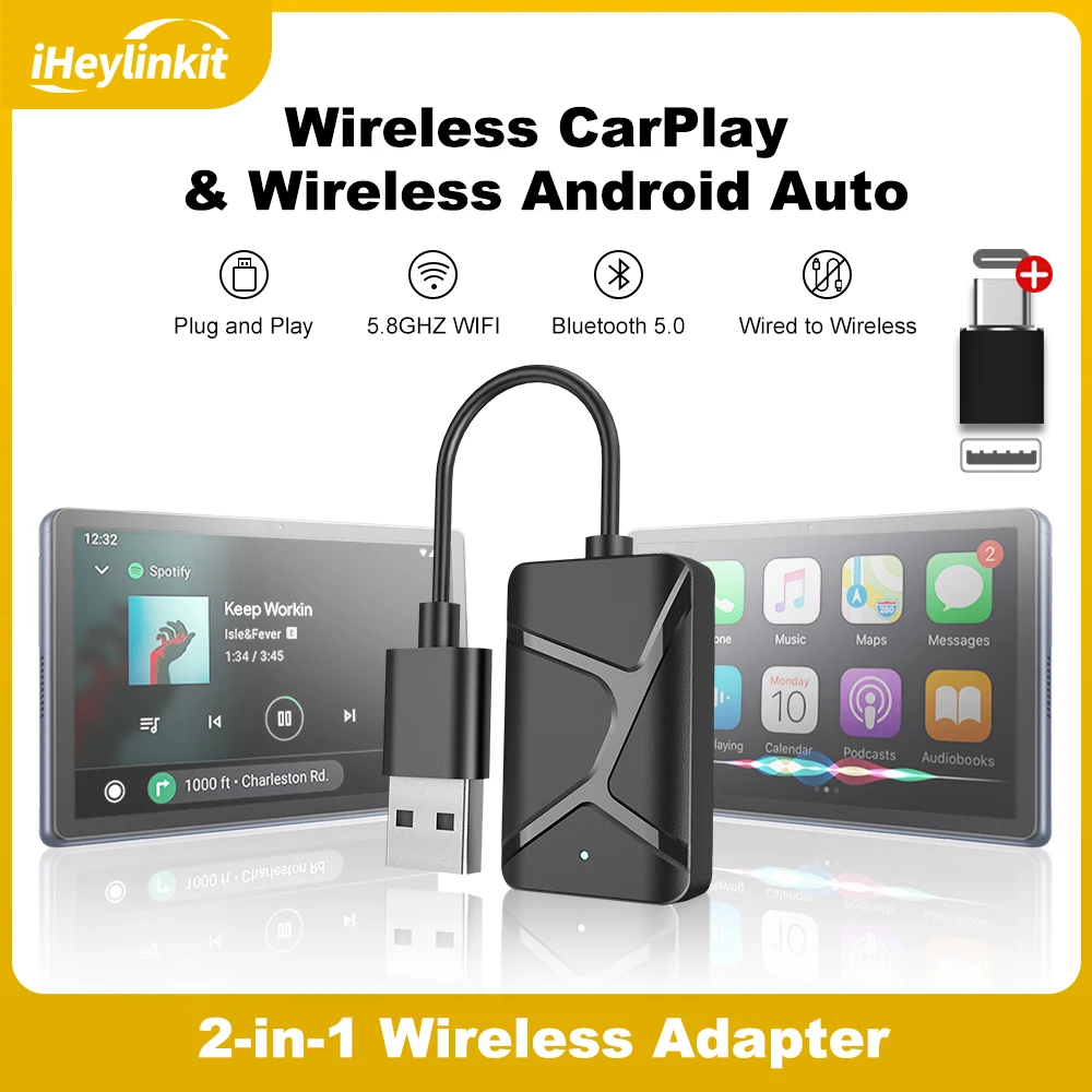 iHeylinkit Wireless CarPlay Android Auto Adapter 2in1 Smart Mini Box Plug And Play WiFi Fast Connect Universal für 98 % Automodell Image