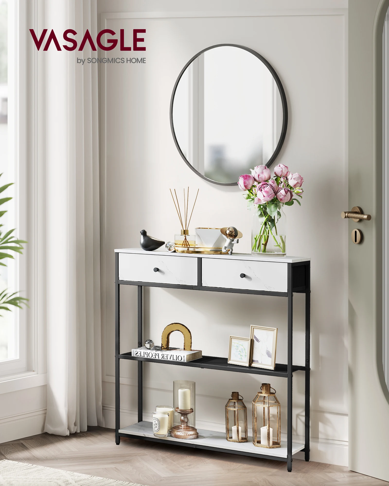 VASAGLE Konsolentisch schmal, Beistelltisch mit 2 Stoffschubladen, Flurtisch, 24 x 76 x 80 cm, für Flur, Wohnzimmer