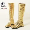 Plus Größe 46 Frauen Karree Zurück Zipper Kniehohe Stiefel Komfort Block Heels 4,5 CM Herbst Winter Luxus gold Stiefel T Zeigen Schuhe