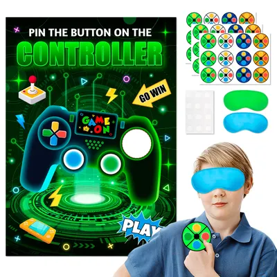 Pin The Button on The Video Game Party Game, Video Game Birthday Games Supplies - Video Game Party Game Poster Button Sticker