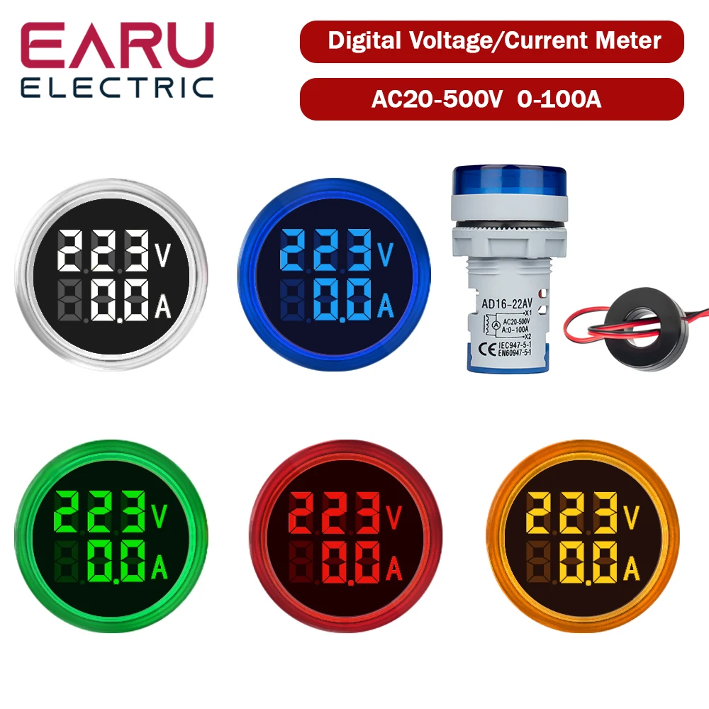 22 MILLIMETRI Rotondo LED Mini Voltmetro Digitale Amperometro AC 20-500 V 0-100A Luci di Segnale Tensione Corrente Combo Tester Indicatore