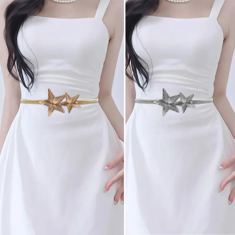 Mode Elastische Taille Kette Gürtel Weibliche Taille Sterne metall Gürtel Für Frauen Hohe Qualität Luxus Designer Goldene Dünne Stretch Riem Image