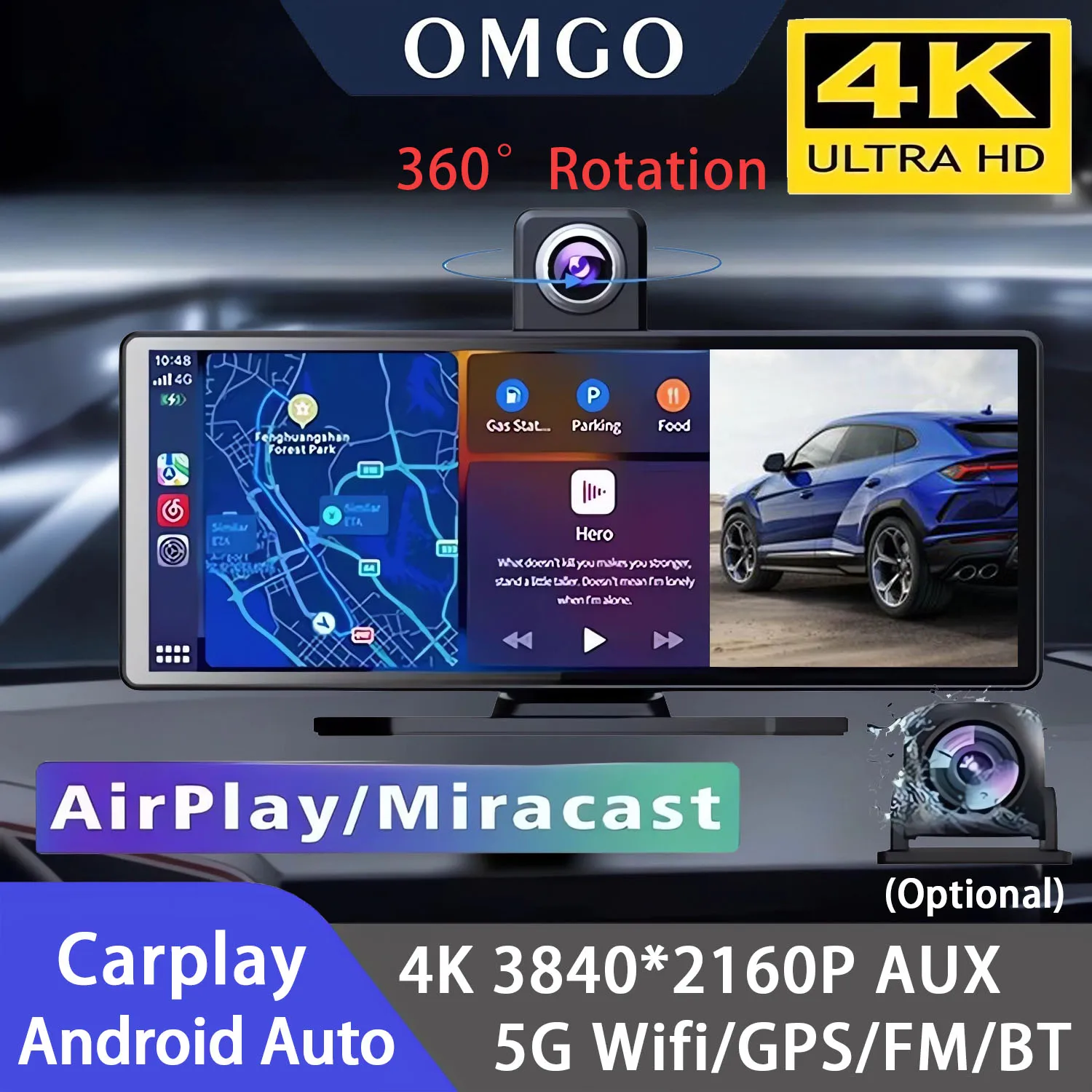 10,26 Zoll Auto Dvr 4K 3840*2160P Carplay Android-Auto GPS 5G WIFI FM BT Dash Cam Dual Objektiv Dashcam Lkw Kamera Stick Recorder Image