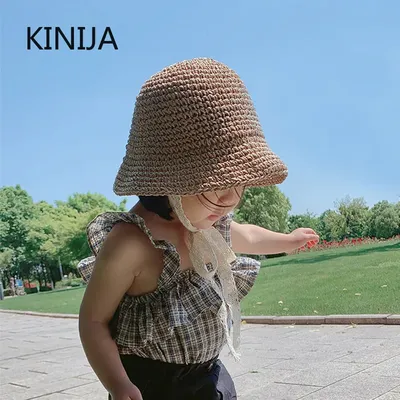 Summer Children Sun Hat Lace Bow Bucket Cap Handmade Woven Straw Cap for Boy Girl Outdoor Sunshade Beach Hat Kids Panama Bonnet