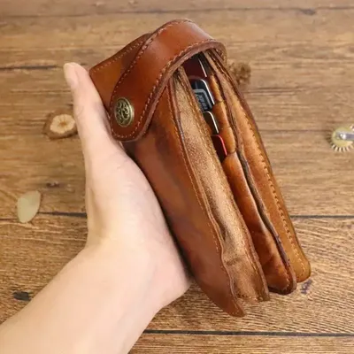 Retro Genuine Leather Wallet Men's Long Wallet Plant Tanned Leather Wallet Fashion Card Bag Leather Wallet