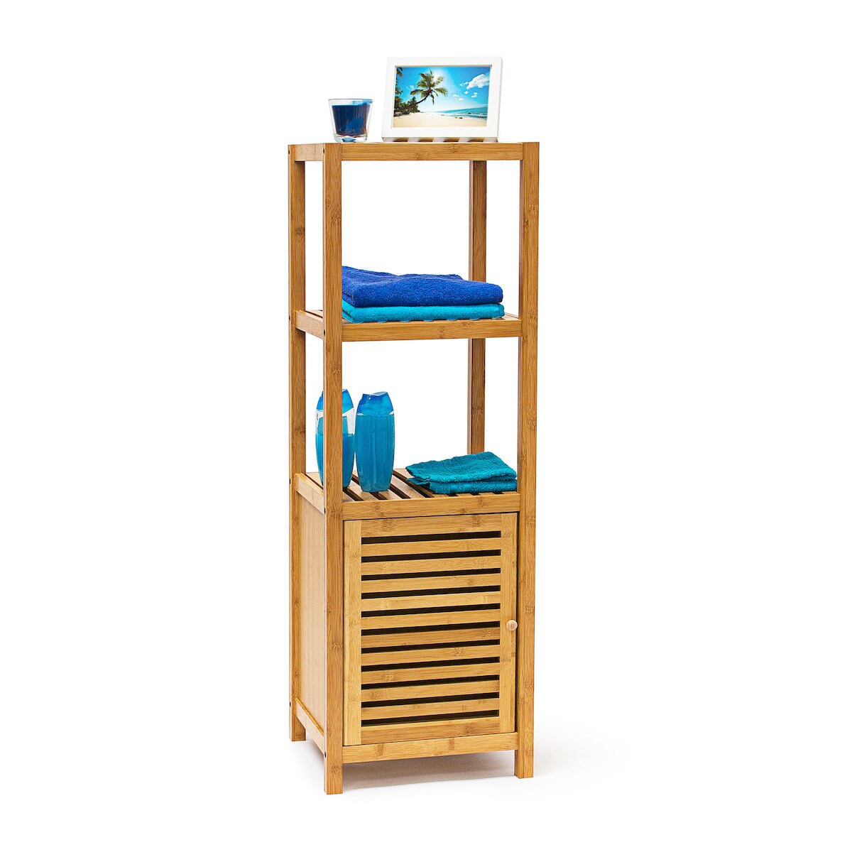 Relaxdays Badregal Bambus, 4 Ablagen, HxBxT:110x36,5x33cm, Holzregal mit Schrank, magnetisch, Stauraum, natur Image