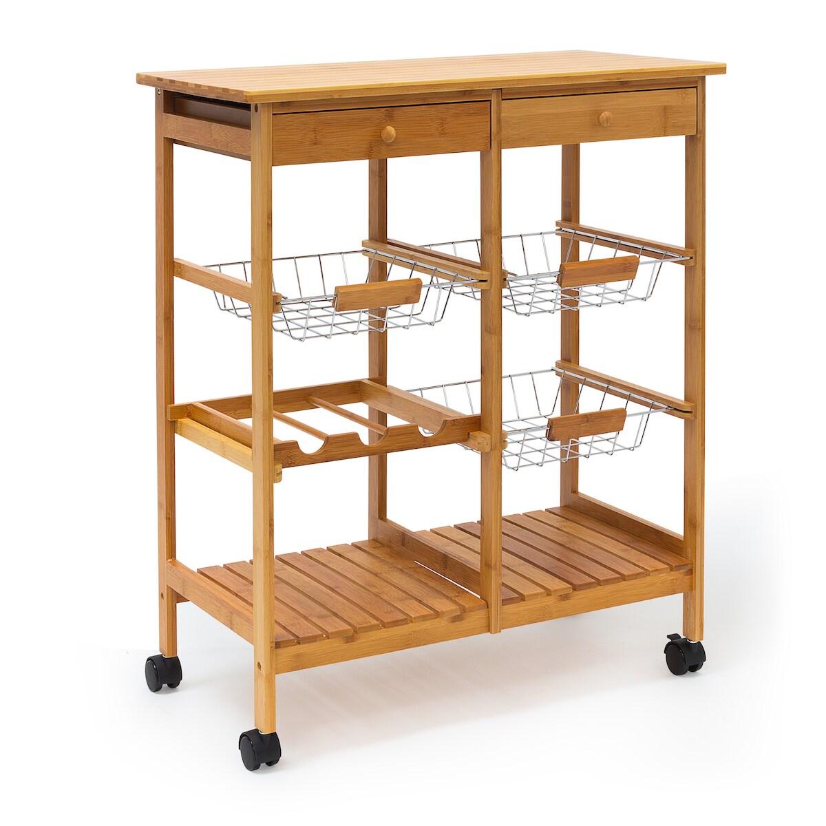 Relaxdays Küchenrollwagen James XXL, HxBxT:80x67x37cm, Servierwagen mit Ablagen, Bambus, 2 Schubladen, 3 Körbe, natur Image
