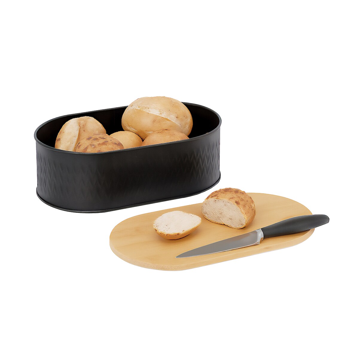 Relaxdays Brotkasten mit Schneidebrett, Bambusdeckel, Metall, HxBxT: 12 x 33,5 x 18 cm, Brotbehälter, schwarz/natur Image