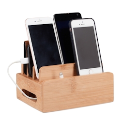 Relaxdays Bambus Ladestation, Schreibtisch Handyhalter f. 6 Geräte, Holz Kabelbox f. Ordnung, HBT 9 x 17 x 13 cm, natur Image